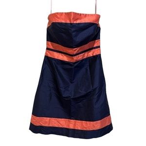 CK BRADLEY STRAPLESS NAVY BLUE PEACH COLORBLOCK SATIN CHARLESTON SILK DRESS